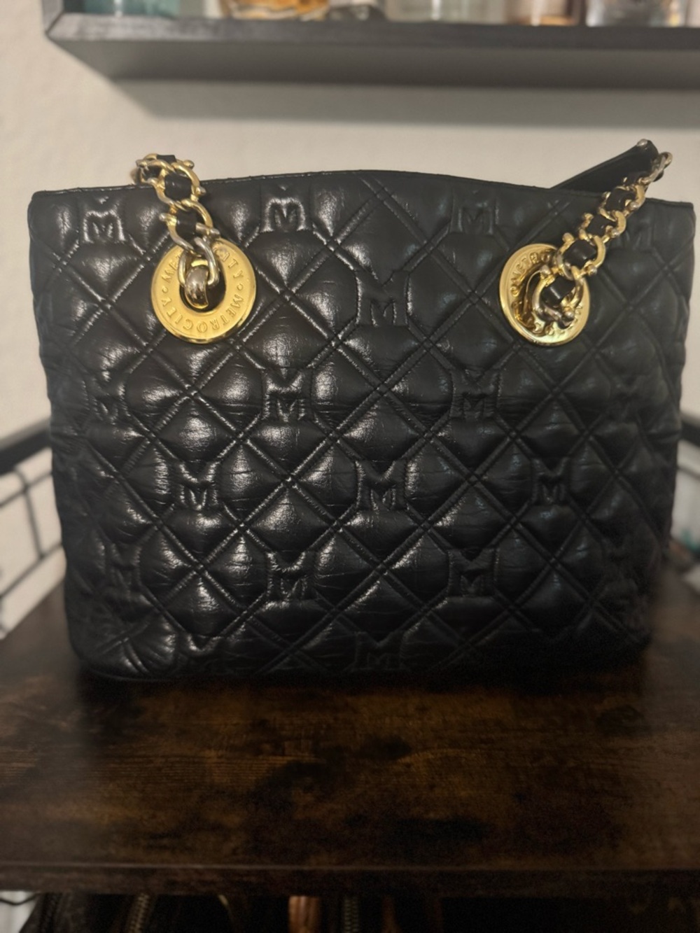 Metro City Black Quilted Leather Tote with Gold Chain straps. - Picture 8 of 10